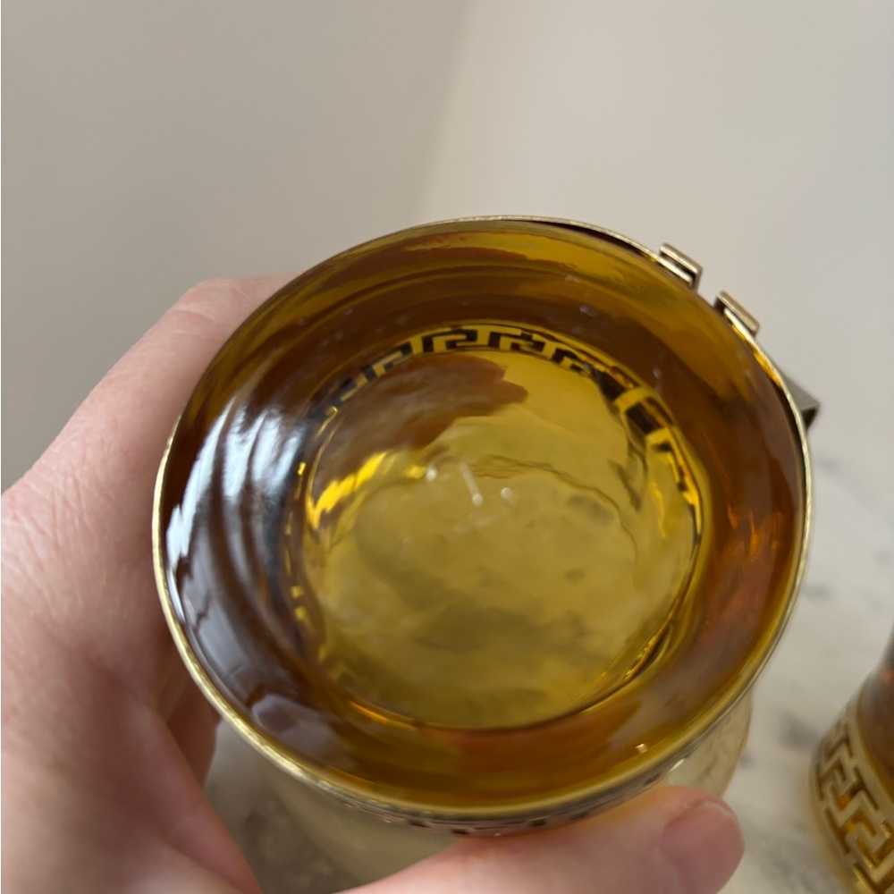 2 Vintage MCM Libbey Amber Glass Continental Cup w Gold Metal Greek Key Handles - Picture 10 of 12